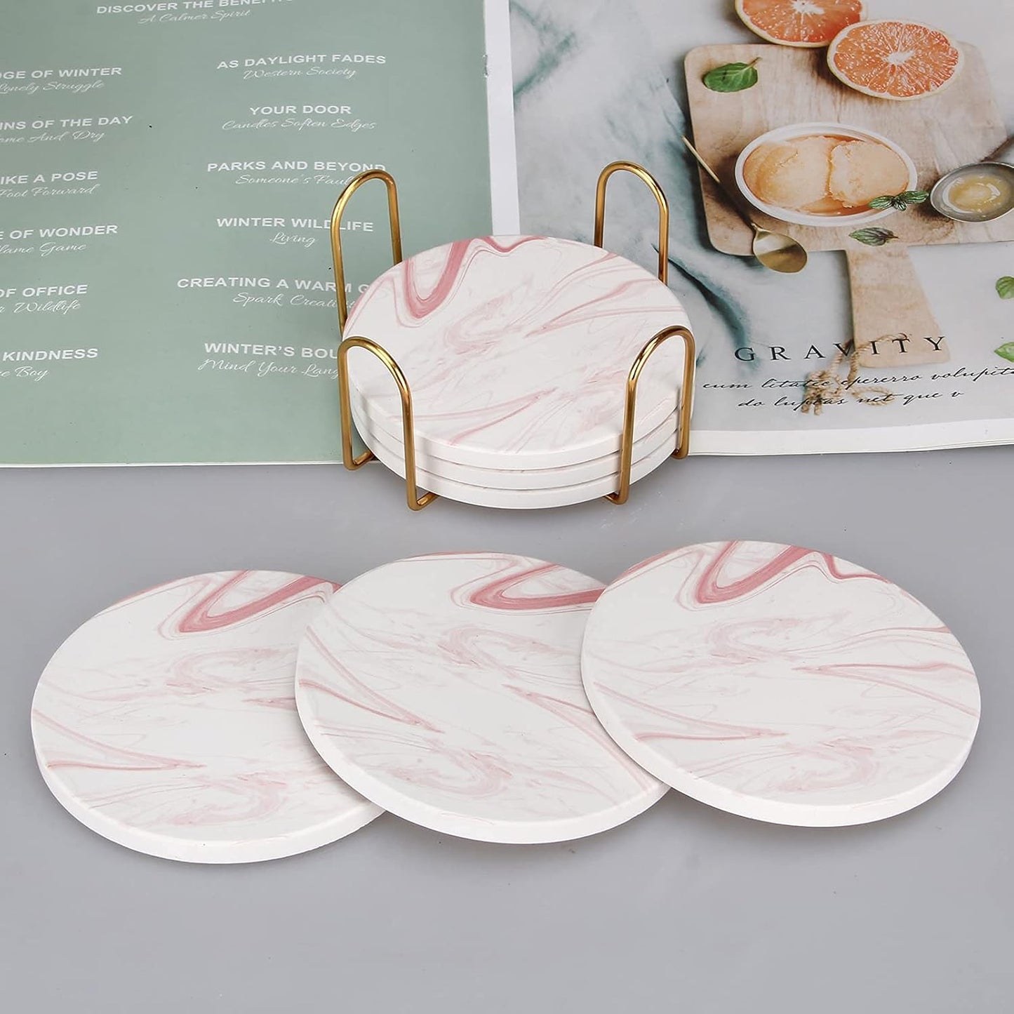 6 Pcs Cute Pink Marble Coasters Set for Drink Beverages Absorbent Ceramic Cup Coasters with Holder Decorative Tea Bar Coaster Gift Modern Aesthetic Coasters Kitchen House Home Decor Table Coasters