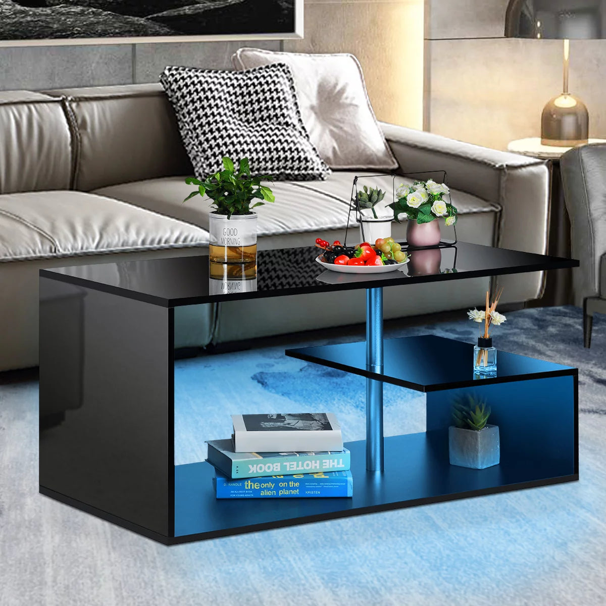 Hommpa Coffee Table with Storage & Display Shelves LED Coffee Table Center Cocktail Table for Living Room