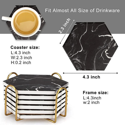 6 Pcs Cool Black Marble Coasters with Holder Hexagon Absorbent Coasters Modern Ceramic Coaster Set Best Stone Drink Coasters Beverage Coffee Table Cup Bar Coasters