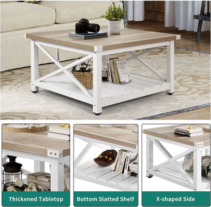 Farmhouse Coffee Table for Living Room, Square Wood Coffee Table with Open Storage Shelf