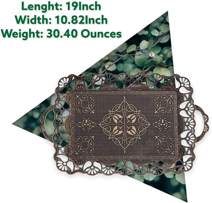 Handcrafted Large Turkish Ottoman Serving Tray with Floral Edges and Handles, Made from Zamac, Multi-Color Options (18.9" L X 12" W X 0.78" H) (Antique Green)