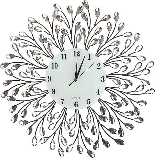 , 25” Vine Decorative Metal Wall Clock, White Glass Numbers Dial 9.5”, Crystal Accent Clock Living Room & Bed Room (White Lines)