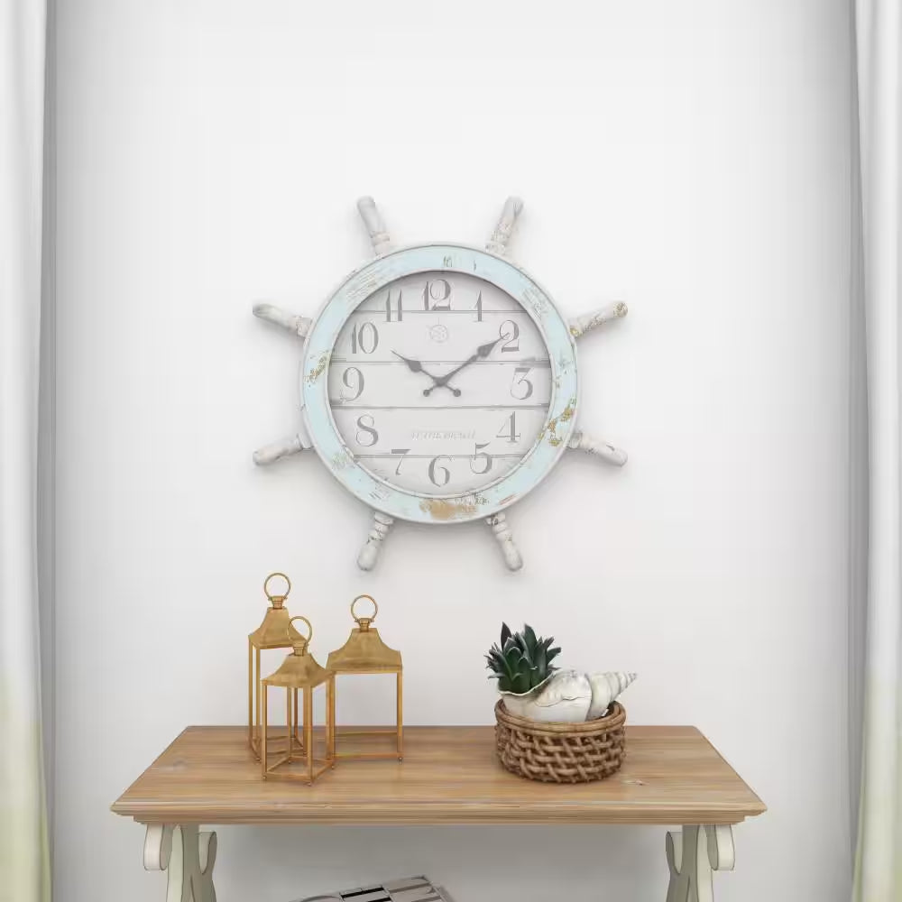 28 In. X 28 In. Blue Wood Ship Wheel Sail Boat Wall Clock