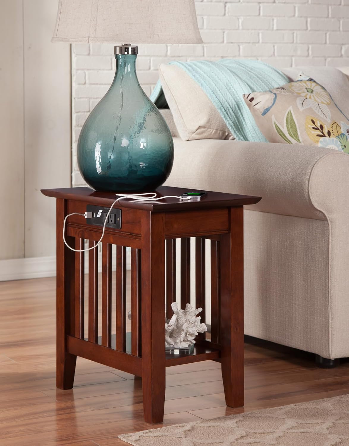 Atlantic Furniture Mission Chair Side Table with Charging Station, Walnut, "Chair Side Table (22"" X 14"")"