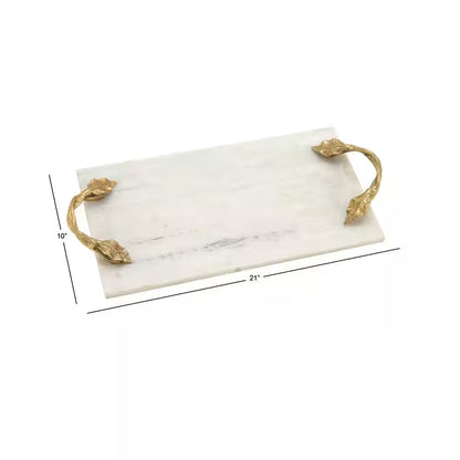 White Marble Decorative Tray with Gold Twisted Leaf Handles