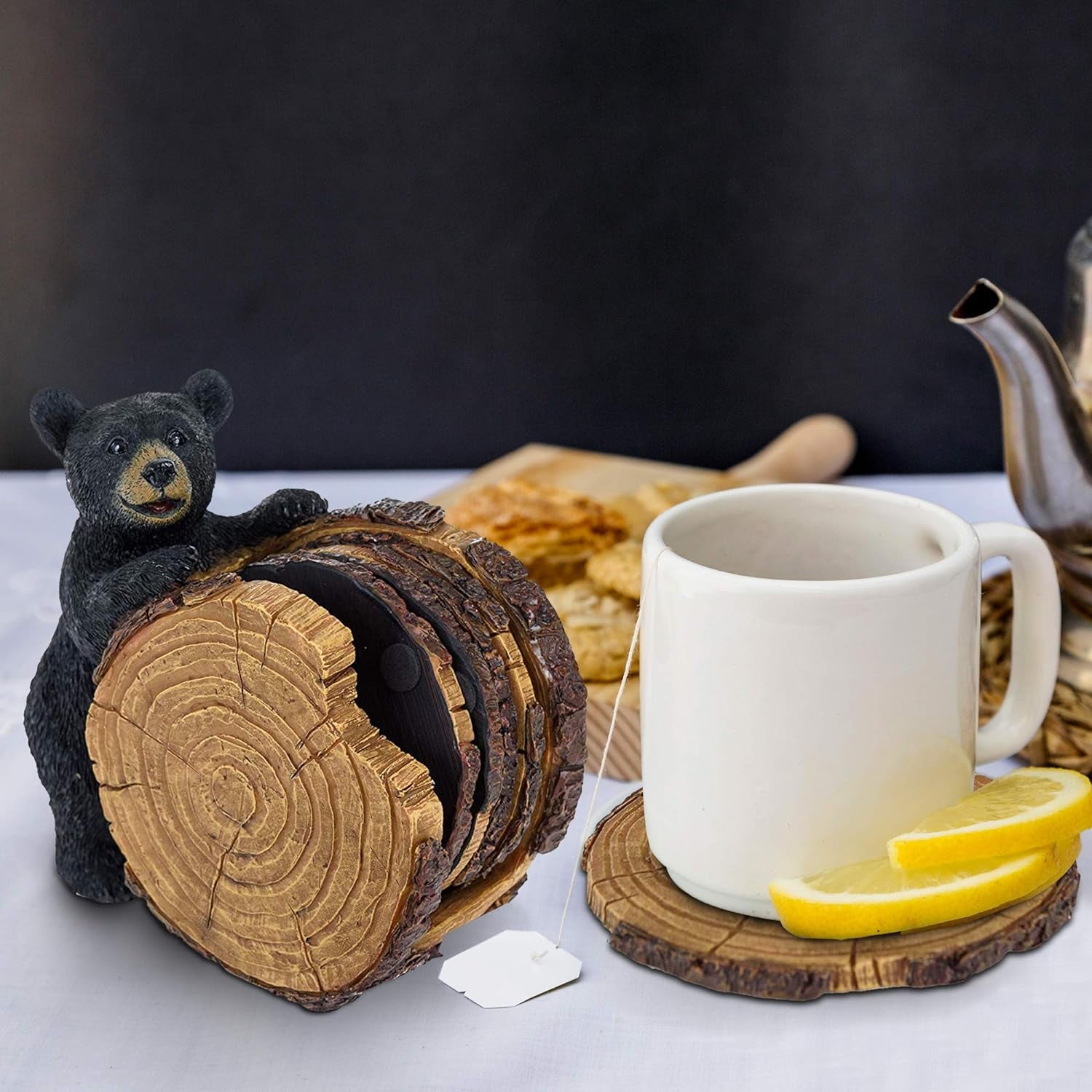 Black Bear Stump Coaster Set - Bear Cabin Decor Coasters for Drinks Set of 5 - Bear Gifts for Women Coasters and Holder - Birthday Gifts Kitchen Home Decor for Dining Room