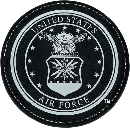 Air Force Leather Coaster Set - 4 Premium Coasters with Hot Stamped Foil USAF Logo - Air Force Gifts | Disabled USMC Vet Owned Small Business