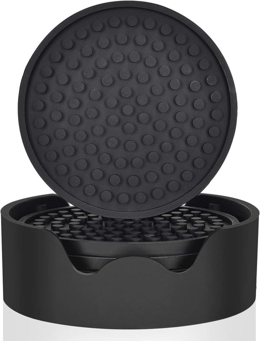 6-Piece Black Silicone Coaster Set with Storage Holder - Versatile, Non-Slip Drink Mats for Home & Outdoor Use, Protects against Heat & Spills, Easy to Clean, Fits All Cup Types