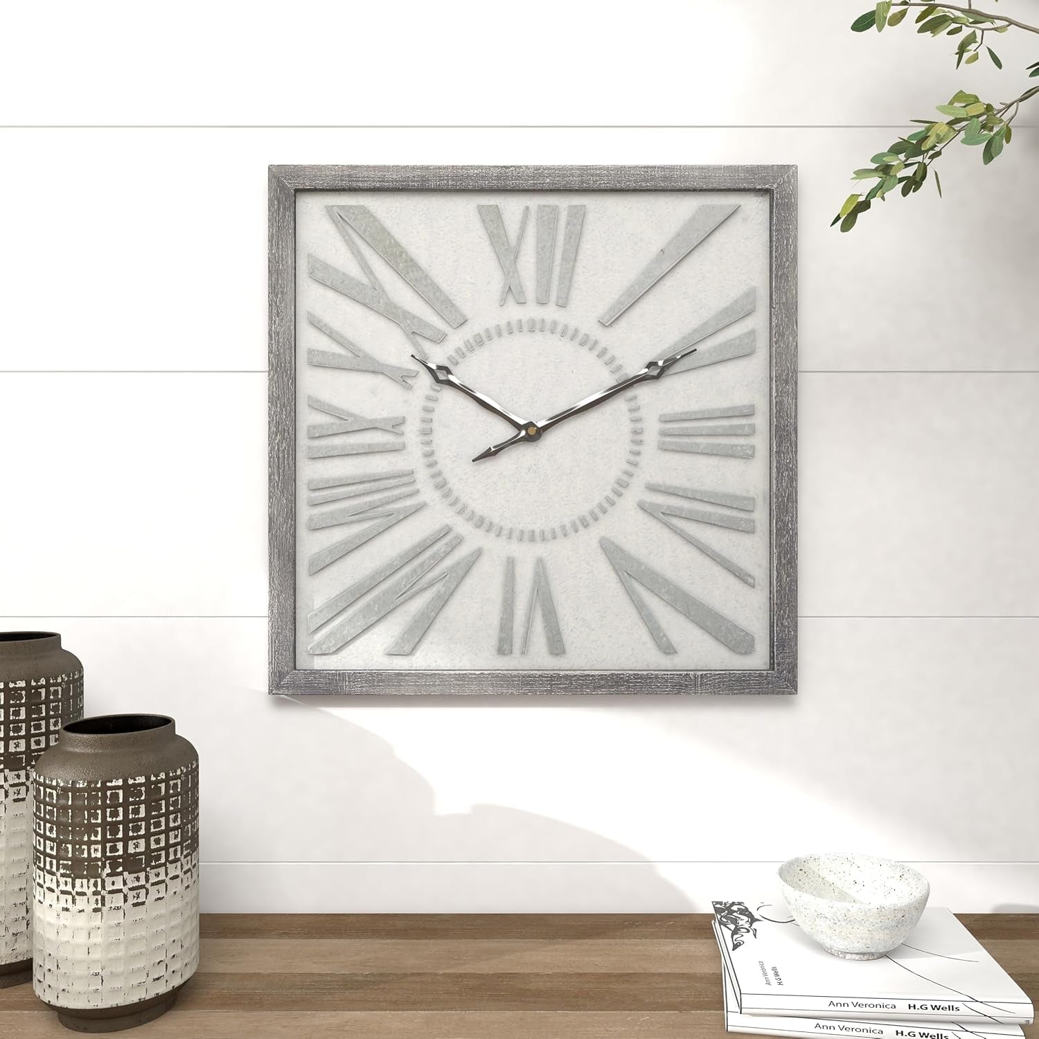 Metal Decorative Wall Clock Distressed Square Wall Clock for Home, Wall Clock for Room 25" X 2" X 25", Gray