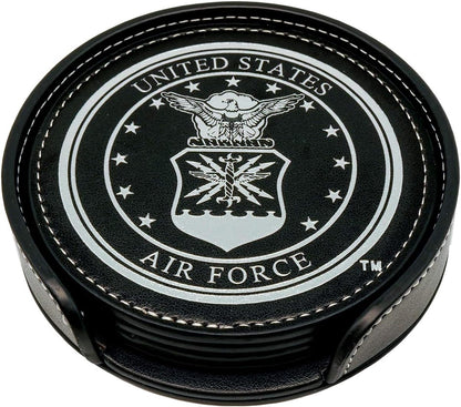 Air Force Leather Coaster Set - 4 Premium Coasters with Hot Stamped Foil USAF Logo - Air Force Gifts | Disabled USMC Vet Owned Small Business