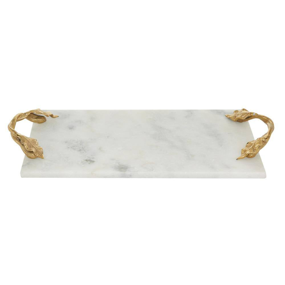 White Marble Decorative Tray with Gold Twisted Leaf Handles