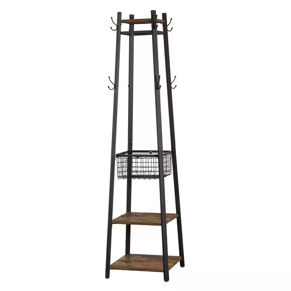 Brown Industrial Coat Rack Freestanding, Clothes Stand with Metal Basket and 2-Shelves, Purse Hanger with 8-Dual Hooks