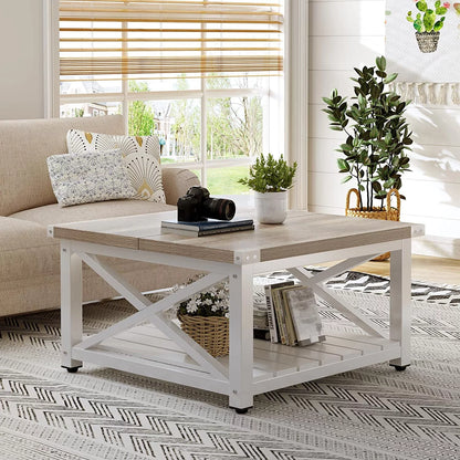 Farmhouse Coffee Table for Living Room, Square Wood Coffee Table with Open Storage Shelf