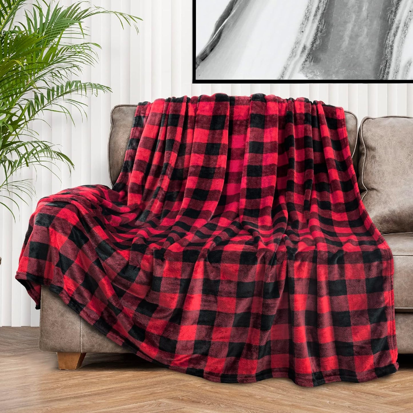 Black and Red Buffalo Plaid Fleece Throw Blanket for Couch, Soft Checkered Flannel Blanket for Sofa, Plaid Christmas Couch Throw Bed, Warm Cozy Decorative Blanket Fall Decor Gift, 50X60