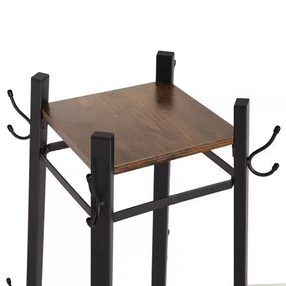 Brown Industrial Coat Rack Freestanding, Clothes Stand with Metal Basket and 2-Shelves, Purse Hanger with 8-Dual Hooks