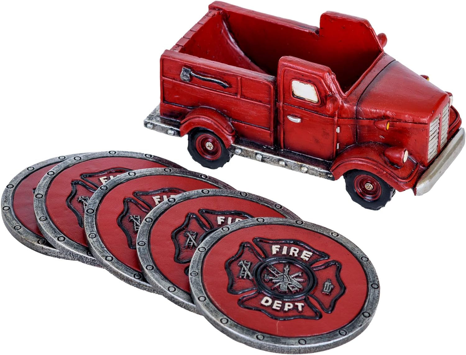 Fire Truck Coaster Set of 5 - Firefighter Kitchen Table Coasters Set Rustic Home Decor Living Room - Firefighter Coaster Sets with Holder Dining Room Decor and Accessories