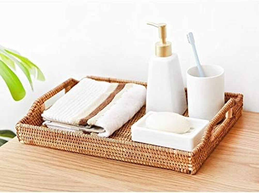 Hand-Woven Rattan Rectangular Serving Tray with Handles for Breakfast, Drinks, Snack for Coffee Table (14.5X10.2X1.4Inches)