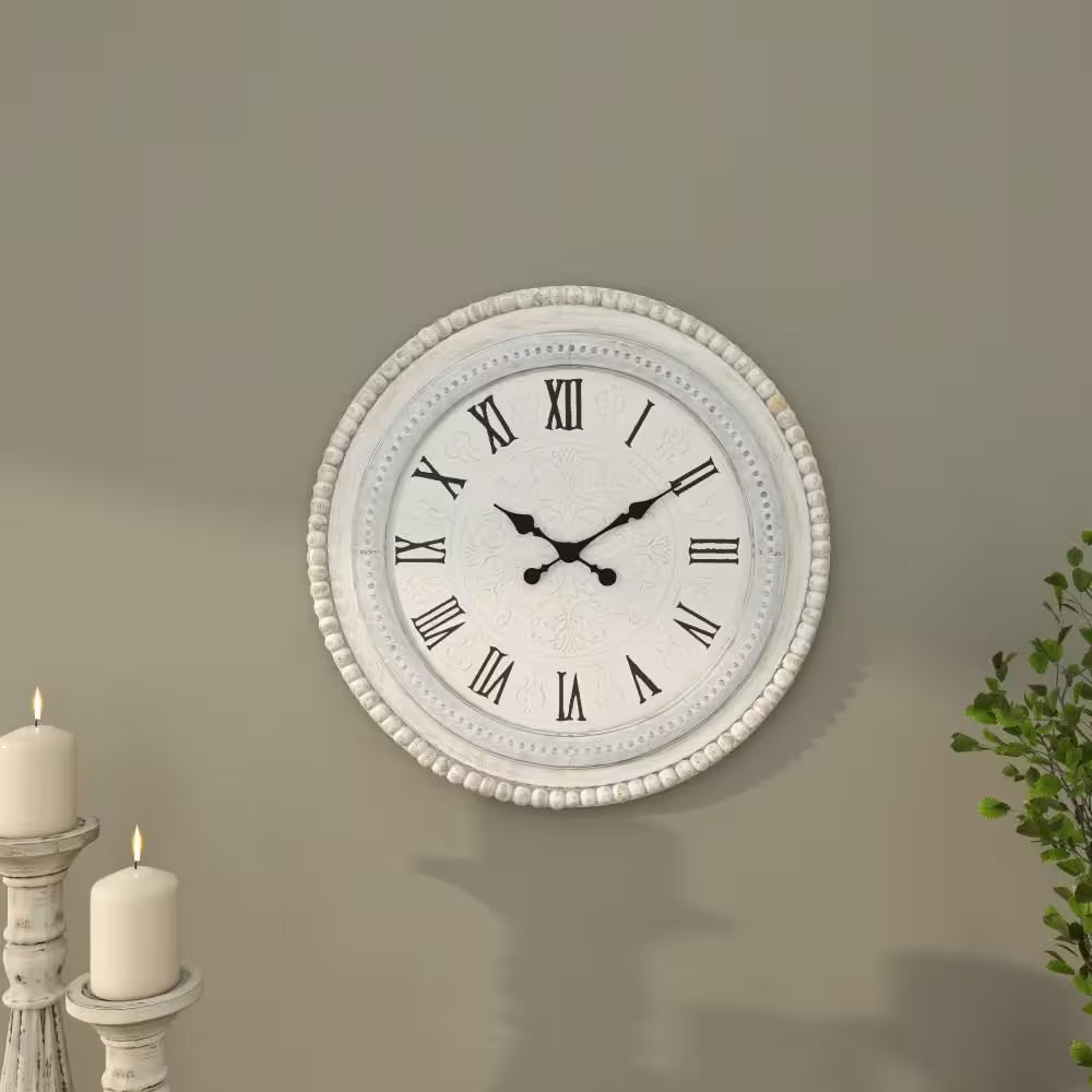 22 In. X 22 In. White Wood Carved Beading Wall Clock