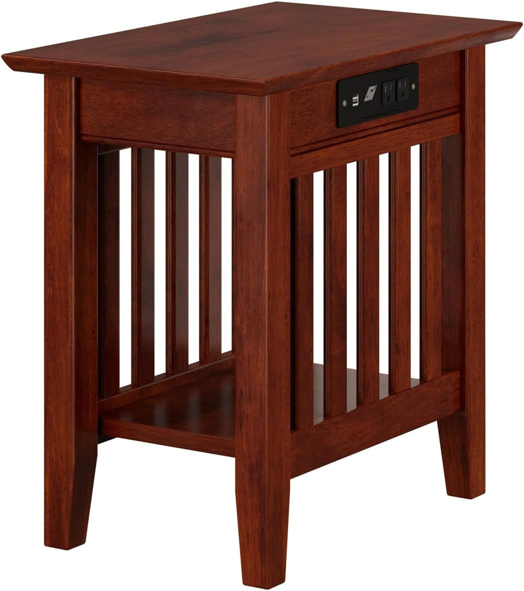 Atlantic Furniture Mission Chair Side Table with Charging Station, Walnut, "Chair Side Table (22"" X 14"")"