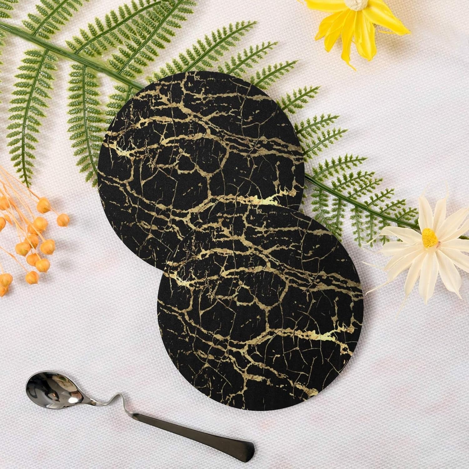 Gold and Black Marble Drink Coaster Moisture Absorbing Stone Coasters with Cork Base for Tabletop Protection Prevent Furniture Damage, 2 Pieces