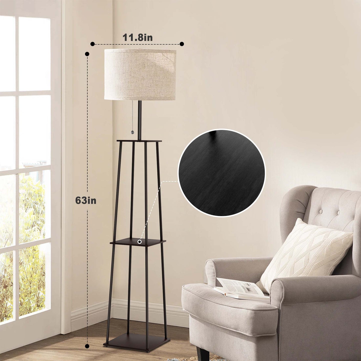 65" Floor Lamp with Shelves, 3 Color Temperature Bulbs, Stepless Dimming, Remote Control - Modern Square Stand, Cylindrical Linen Lampshade, Black