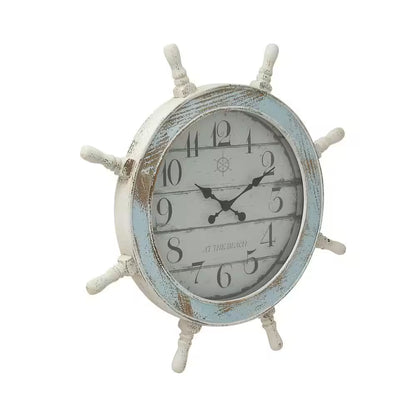 28 In. X 28 In. Blue Wood Ship Wheel Sail Boat Wall Clock