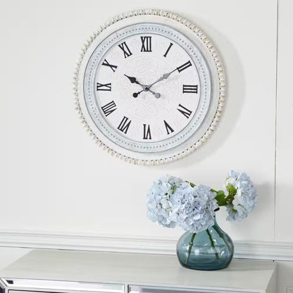 22 In. X 22 In. White Wood Carved Beading Wall Clock