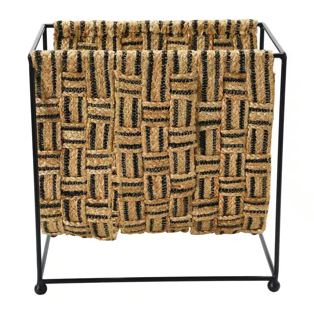 Woven Jute and Metal Magazine Holder in Beige and Black