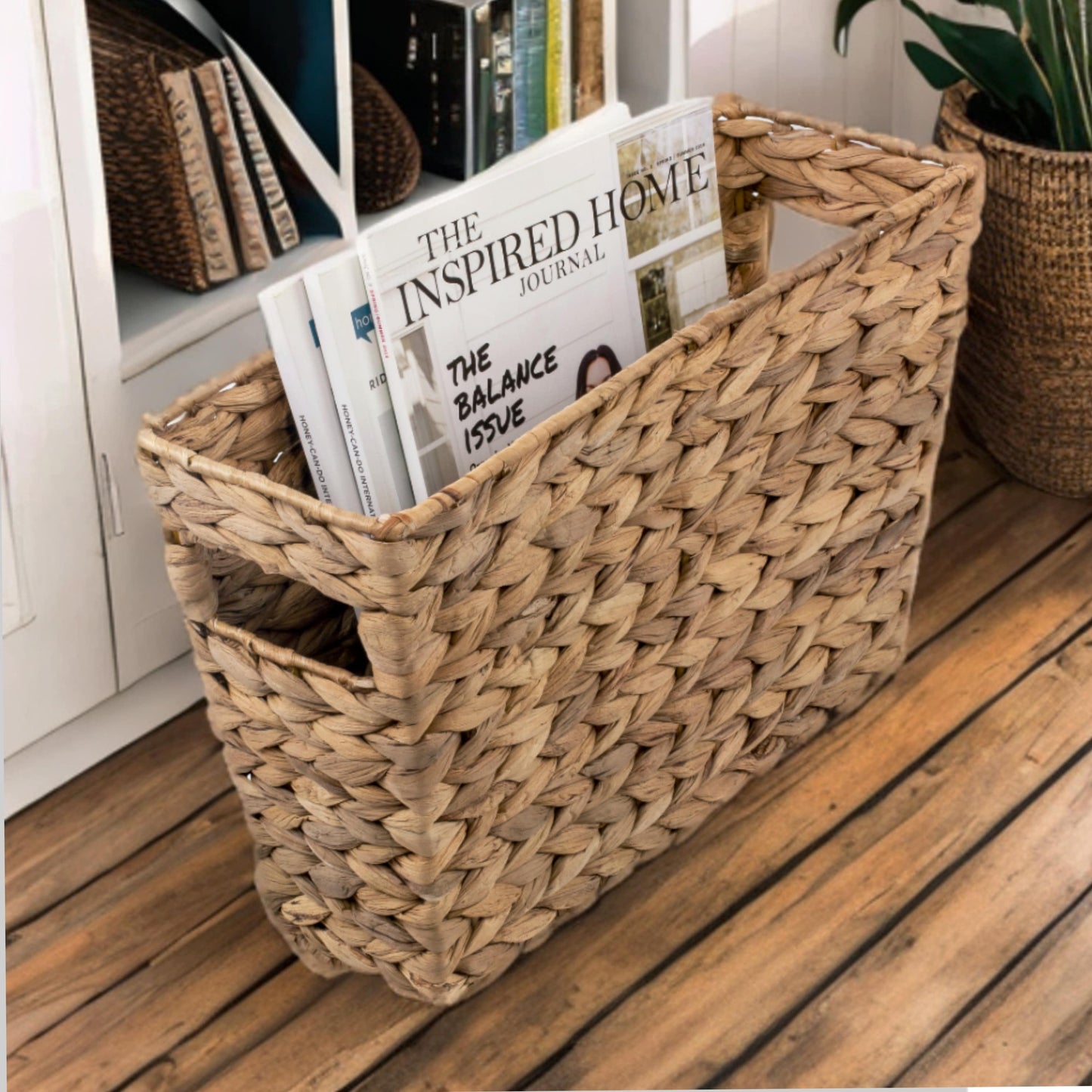 Water Hyacinth Wicker Magazine Storage Basket with Cut-Out Handles, Natural