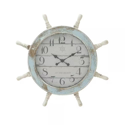 28 In. X 28 In. Blue Wood Ship Wheel Sail Boat Wall Clock