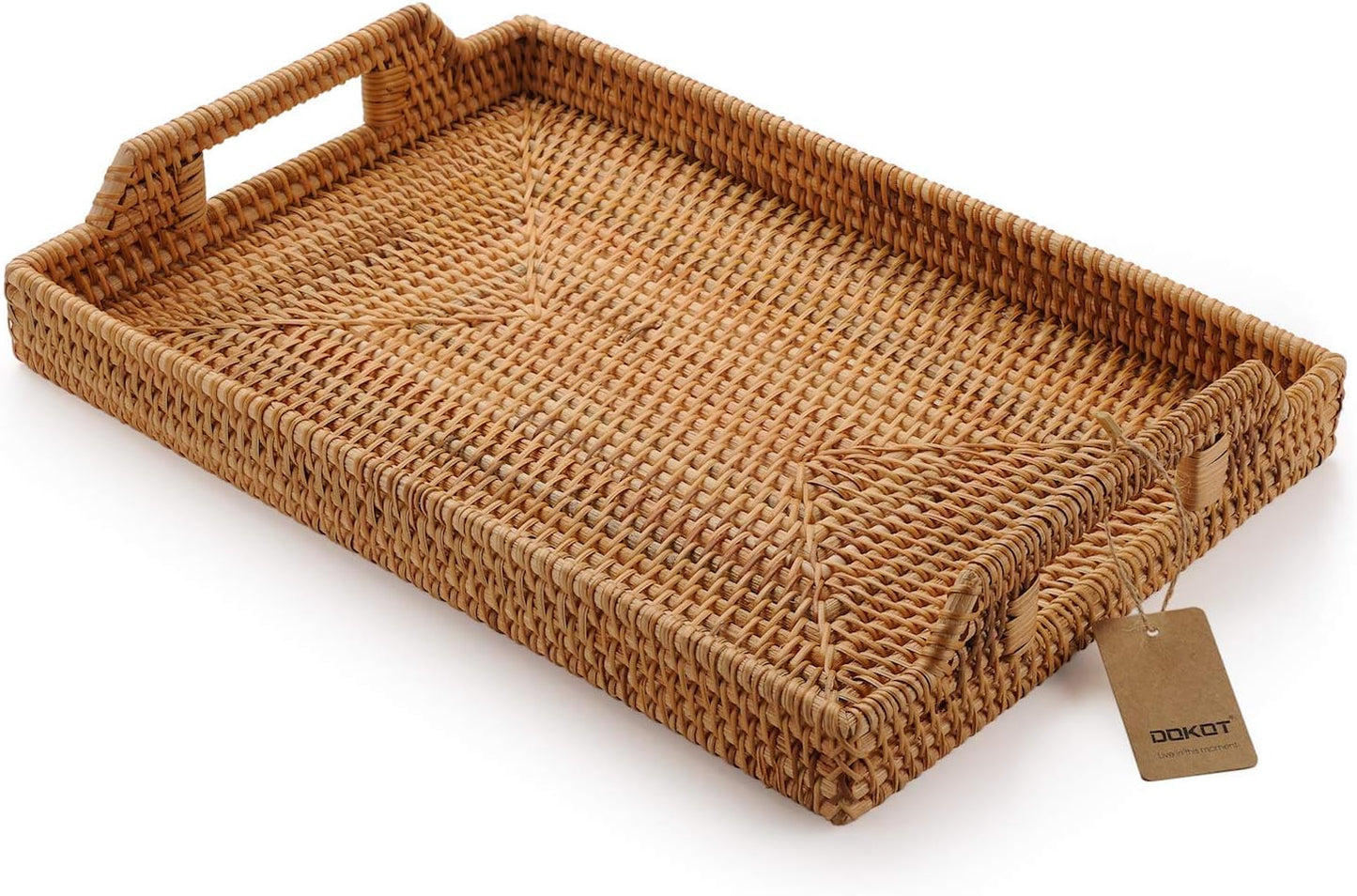 Hand-Woven Rattan Rectangular Serving Tray with Handles for Breakfast, Drinks, Snack for Coffee Table (14.5X10.2X1.4Inches)