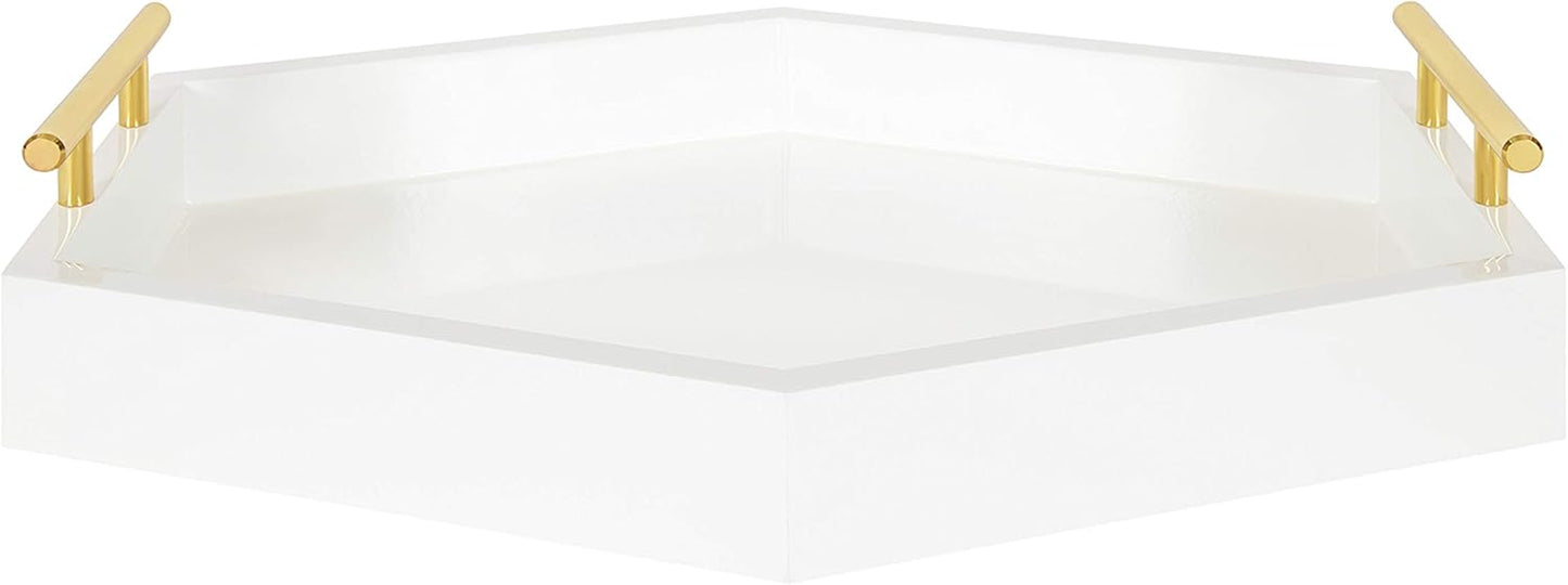 Lipton Oblong Hexagon Tray, 16.5" X 12", White and Gold, Chic Accent Tray for Ottoman or Console