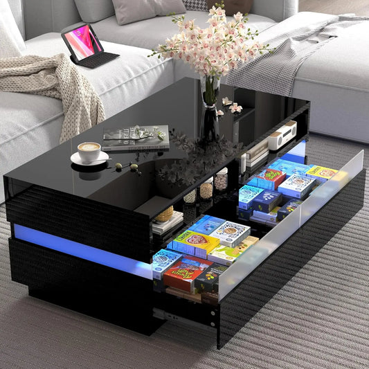 Coffee Table, Modern High Glossy LED Coffees Tables W/ 2 Storage Drawers, Coffee Table