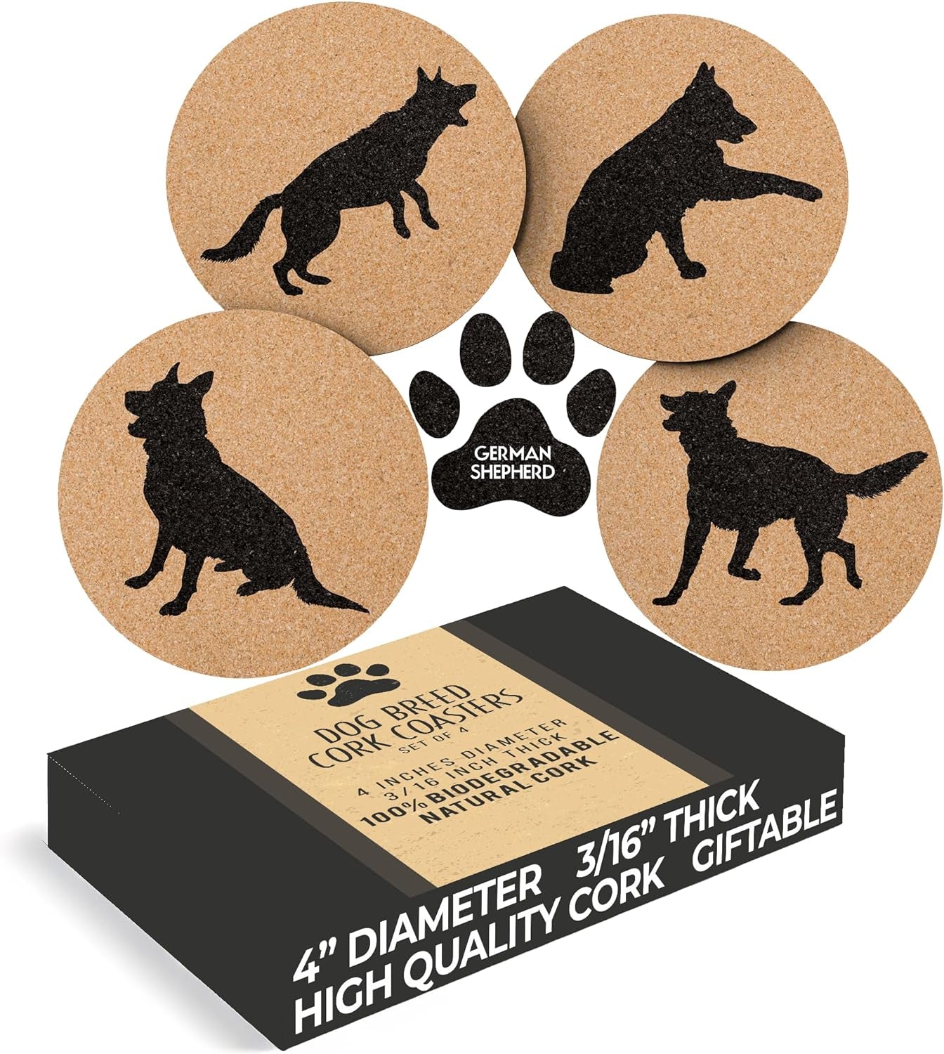 German Shepherd Lovers Cork Drink Coasters - Set of 4 Dog Coasters with Protective Bottom | German Shepherd Decor Coasters for Drinks| Great Gift Idea for German Shepherd Moms & Dads