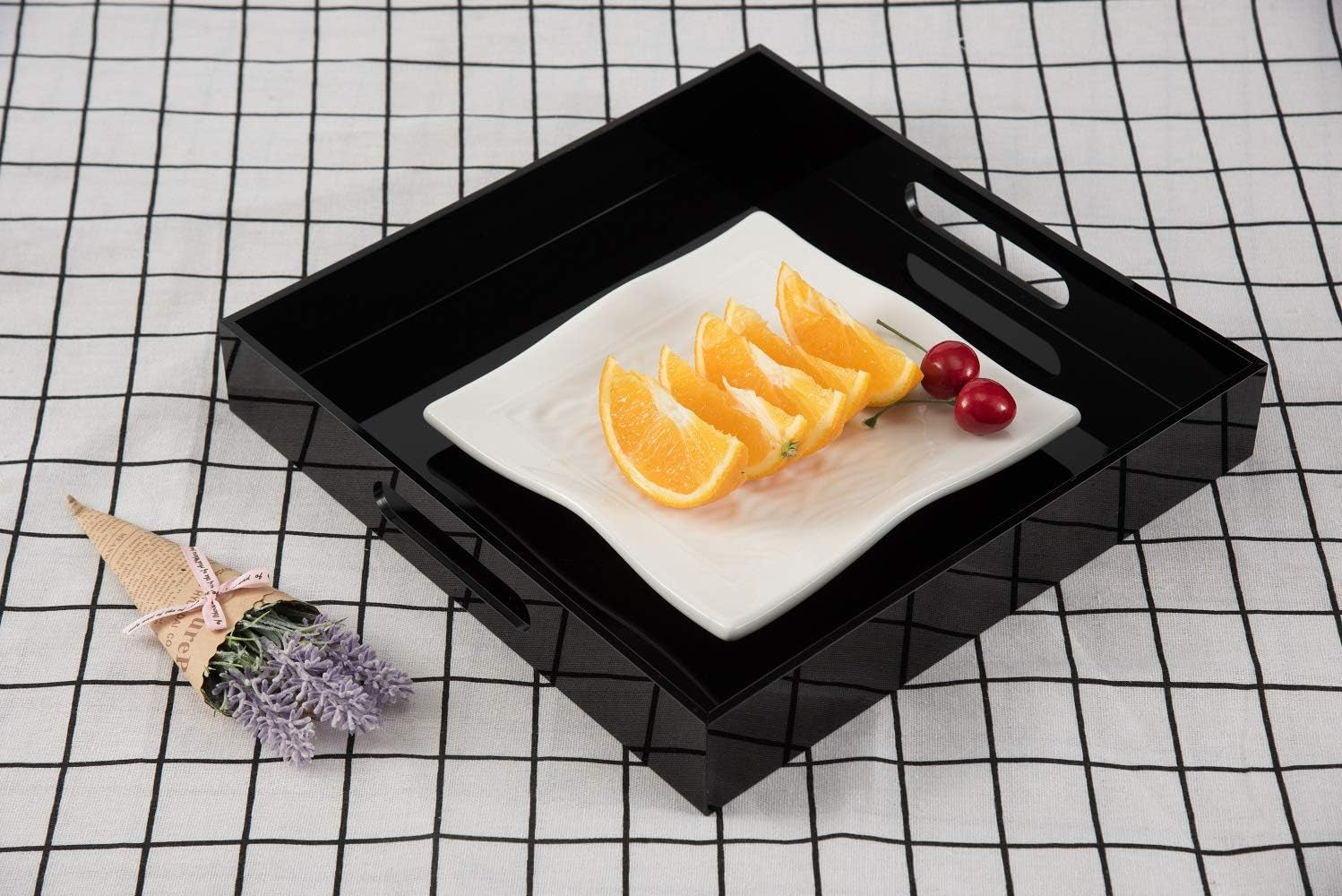 Glossy Black Sturdy Acrylic Serving Tray with Handles-12X12Inch-Serving Coffee,Appetizer,Breakfast,Butler-Kitchen Countertop Tray-Makeup Drawer Organizer-Vanity Table Tray-Ottoman Tray-Decorative Tray