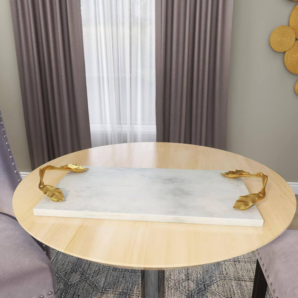 White Marble Decorative Tray with Gold Twisted Leaf Handles