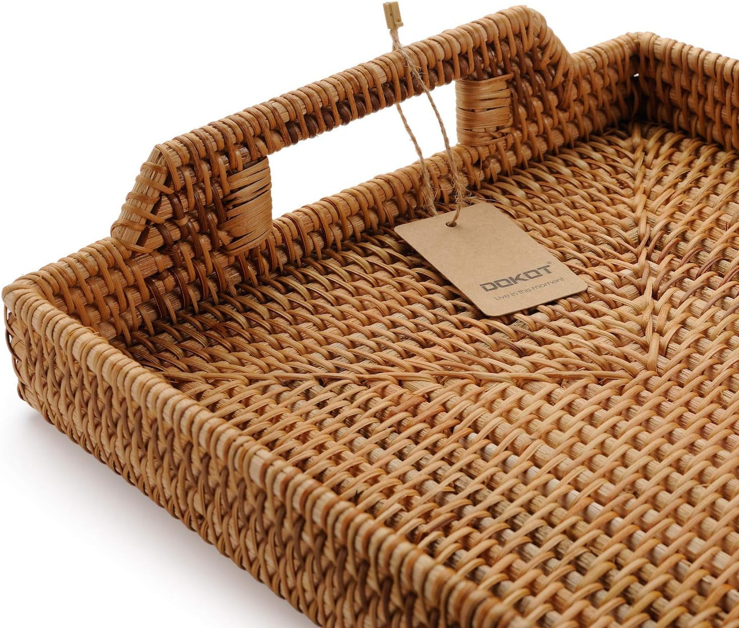 Hand-Woven Rattan Rectangular Serving Tray with Handles for Breakfast, Drinks, Snack for Coffee Table (14.5X10.2X1.4Inches)