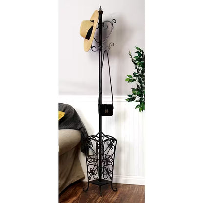 74 In. Black Metal Vintage Style Coat Rack with Scroll Designs