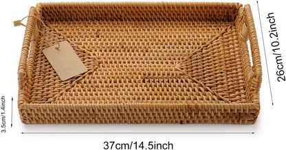 Hand-Woven Rattan Rectangular Serving Tray with Handles for Breakfast, Drinks, Snack for Coffee Table (14.5X10.2X1.4Inches)