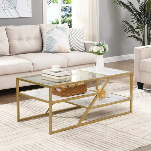 Wide Square Coffee Table Tempered Glass Coffee Table in Brass Square Coffee Table for Living Room Studio Apartment Essentials