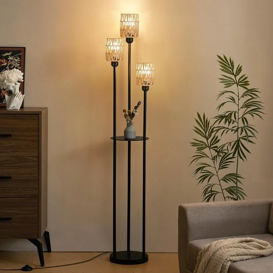 65" Boho Floor Lamp for Living Room Rattan Floor Lamp with Shelves, 3 LED Bulbs Included Standing Lamp, Floor Lamp