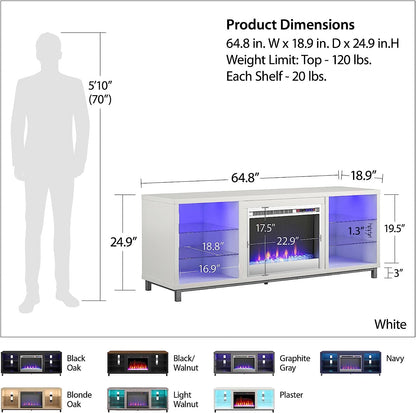 Lumina Fireplace TV Stand for Tvs up to 70 Inch, Replaceable Electric Fireplace Insert Heater, Remote Control, Timer, Color Changing LED Lights, Crystal Ember Flames, White