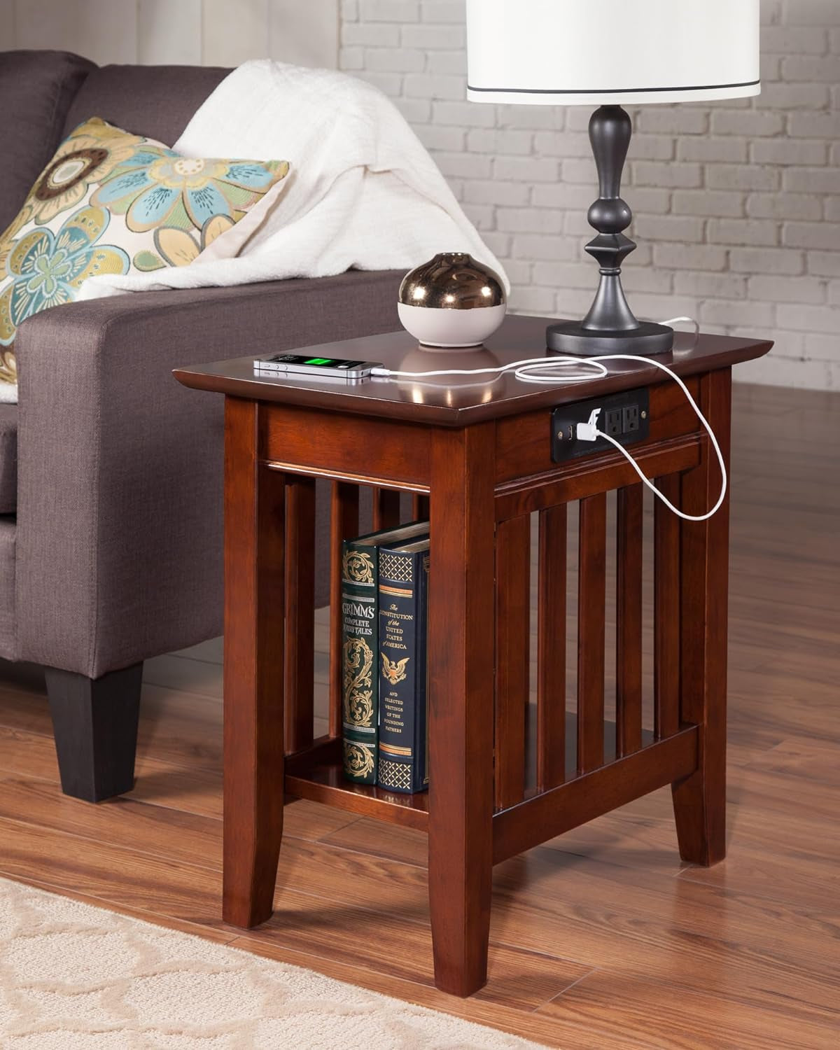 Atlantic Furniture Mission Chair Side Table with Charging Station, Walnut, "Chair Side Table (22"" X 14"")"