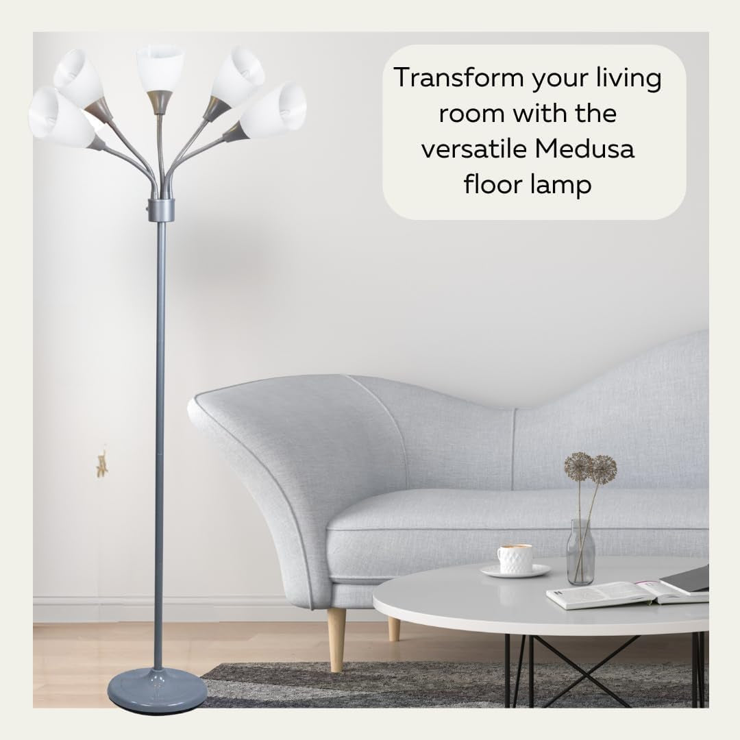 Floor Lamp for Bedroom Multi Head 5 Light Bright Floor Lamp - Medusa 5 Light Standing Lamp -Floor Lamps for Bedroom Spider Lamp 5 Acrylic White Shades Standing Light Spider Lamp Silver Floor Lamp