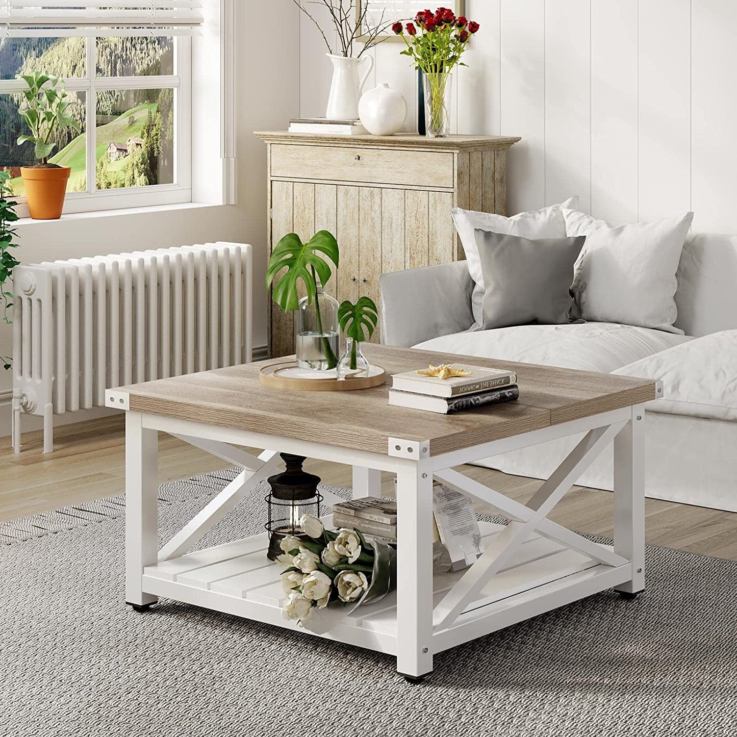 Farmhouse Coffee Table for Living Room, Square Wood Coffee Table with Open Storage Shelf