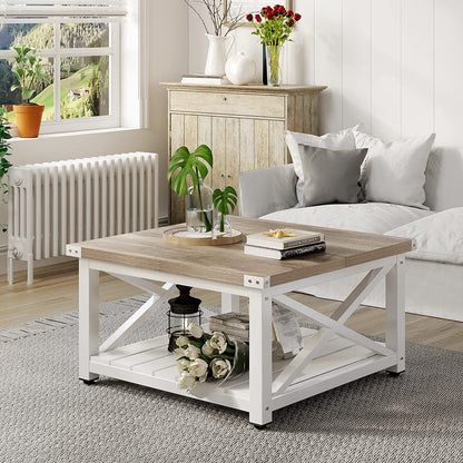 Farmhouse Coffee Table for Living Room, Square Wood Coffee Table with Open Storage Shelf