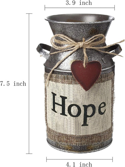 7.5" High Rustic Decorative Vase with Greetings and Rope Design, Metal Milk Can Country Jug for Living Room, Bedroom, Kitchen(Hope)