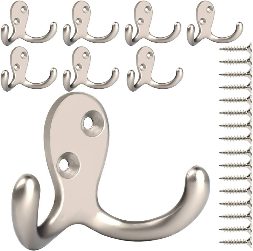 8 Pack Heavy Duty Double Prong Coat Hooks Wall Mounted with 16 Screws Retro Double Hooks Utility Hooks for Coat, Scarf, Bag, Towel, Key, Cap, Cup, Hat