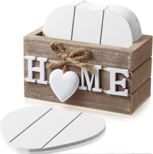 Coasters for Drinks, Wooden Heart Coasters Set of 6 Farmhouse Coasters with Holder Funny Coasters for Coffee Table Protection Housewarming Gifts for New Home Decoration, 4 Inch (Home, Brown)