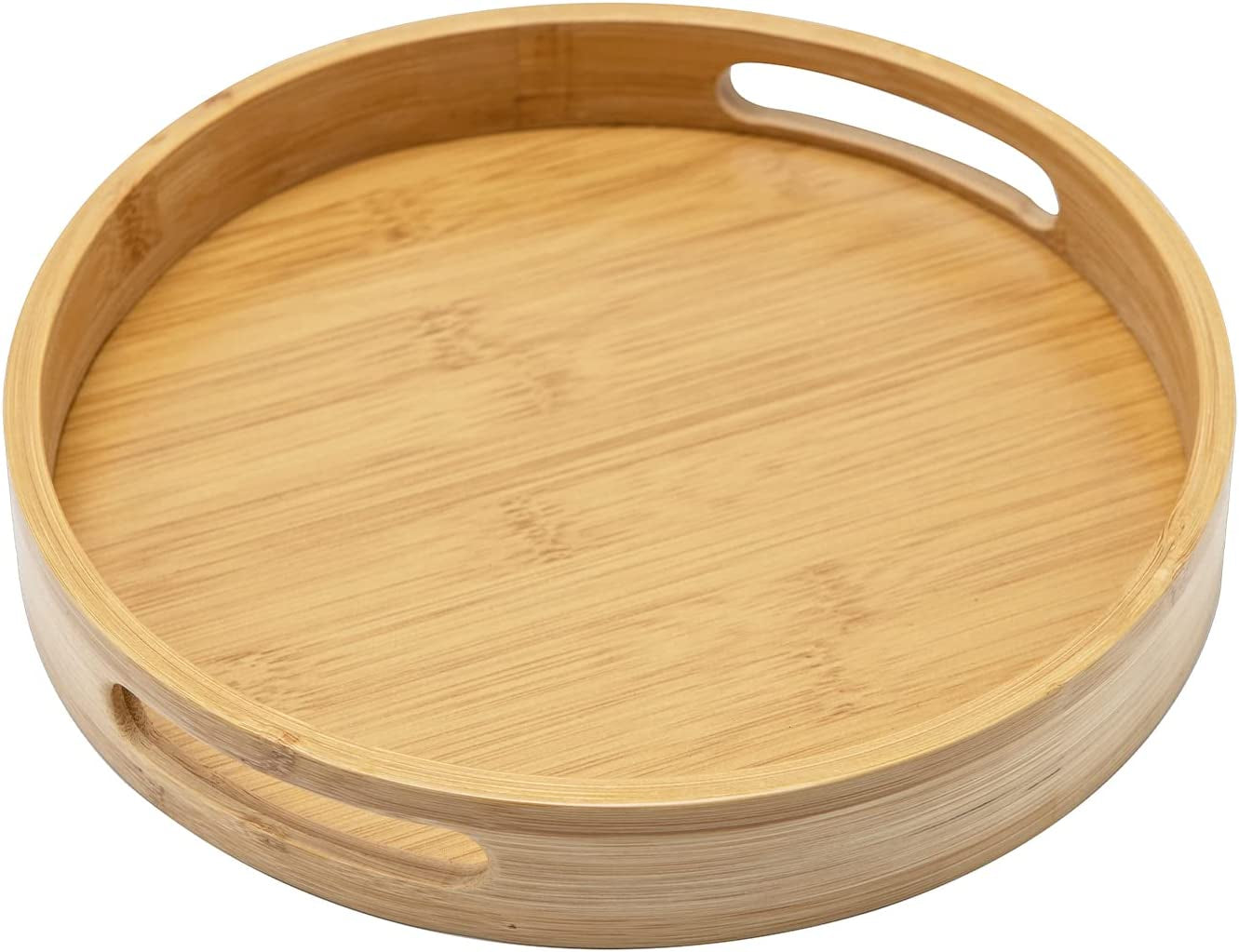 13.8 Inch Bamboo round Serving Tray, Wood Tray with Handles, Natural Wooden Tray for Ottoman, Kitchen/Coffee Table